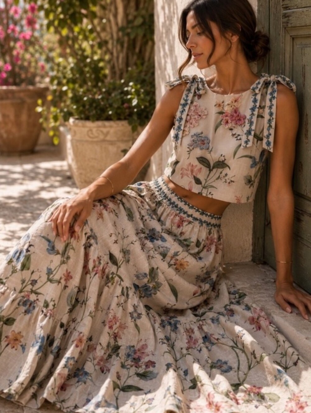 Camila Coelho Linen Floral Maxi Skirt Top Embroidered Bow Shoulder Outfit Set